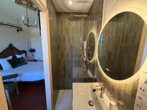 a bathroom with a sink and a mirror and a bed at Hôtel du Moulin in Allemagne-en-Provence +28 photos