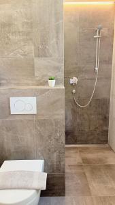 a bathroom with a white toilet and a shower at powderhome in Going am Wilden Kaiser +4 photos