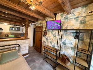 a kitchen and living room with a stone wall at Studio apartman Ema in Umag