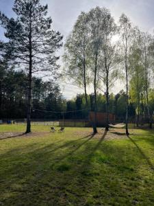 a park with trees and a fence in the grass at Cisza lasu in Kadłubówka