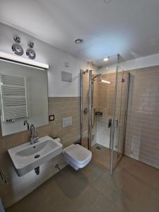 ein Badezimmer mit Waschbecken, Dusche und Toilette in der Unterkunft Hotel im Sud in Eggenfelden