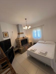 a bedroom with a bed and a fireplace at Zmarias 1 in Perakhórion
