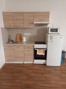 a kitchen with a white stove and a refrigerator at Studio Klicperova in Chlumec nad Cidlinou