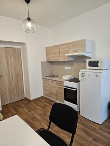a kitchen with a white refrigerator and a black chair at Studio Klicperova in Chlumec nad Cidlinou