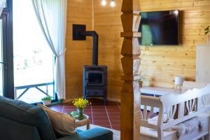 a living room with a couch and a stove at DejaView Cabin&Camp in Rogojel
