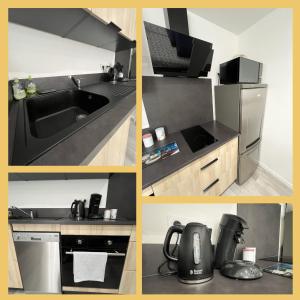 a collage of pictures of a kitchen with a sink and a microwave at Studio tout équipé in Vaugneray