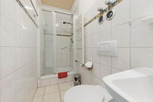 a white bathroom with a shower and a toilet at Charming Lakenear Apartment in Sipplingen