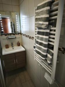 a bathroom with a sink and a mirror and towels at Studio entre Mer et Lagune in Saint-Aygulf
