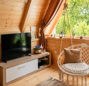 a living room with a swinging chair and a television at Holiday Home Veruša in Podgorica