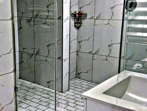 a bathroom with a shower and a sink at Victoria City Lodge in Pretoria