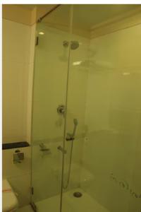 a shower with a glass door in a bathroom at Hotel Rajtara in Satara