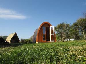 a small wooden house on a grassy field at Le Village des Pingouins à Porspoder in Porspoder
