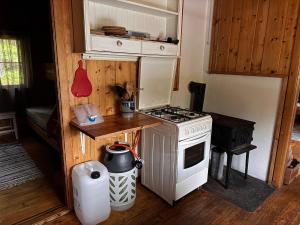 a small kitchen with a stove and a counter at Simple and cozy forest cabin in Eidsstryken +16 photos