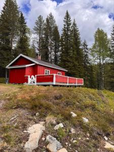 a red barn on the side of a hill at Simple and cozy forest cabin in Eidsstryken