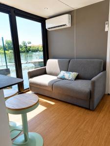 a living room with a couch and a table at DIAMOND Bigigio House Boat in Lisanza +47 photos