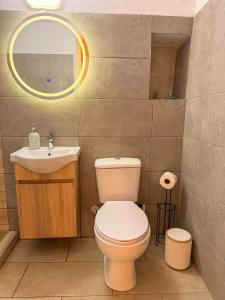 a bathroom with a toilet and a sink and a mirror at Κουρείον Kourion in Agios Vlasios