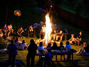 a group of people sitting around a fire at Pensiunea Sub Piatră in Sălciua de Sus +21 photos