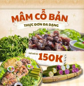 a table topped with lots of different types of food at Mai Chau Mountain Delight in Mai Châu