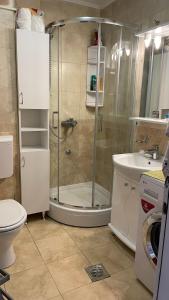 a bathroom with a shower and a toilet and a sink at Golden Grape House in Budva +12 photos