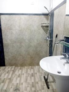 a bathroom with a white sink and a shower at The Villa Rochelle Kandy in Kandy