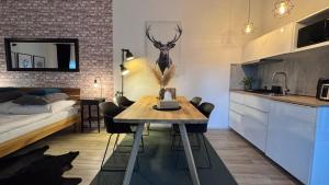 a kitchen and living room with a table and a bed at Apartmány Benešov in Benešov nad Ploučnicí +33 photos