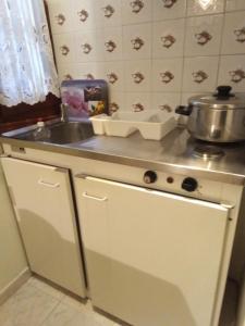 a kitchen with a sink and a pot on a stove at Irida maria Family studios in Agios Ioannis Pelio