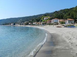 a beach with a kite flying over the water at Irida maria Family studios in Agios Ioannis Pelio +6 photos