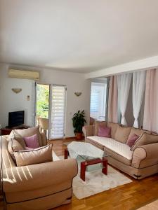 a living room with two couches and a table at Villa INA in Kaluđerac