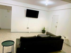 a living room with a couch and a tv on a wall at Beach Bay Terrace with Mountain views in Buccament