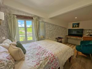 a bedroom with a bed and a tv and a window at Entire apartment with swimming pool near Aubeterre in Saint-Romain