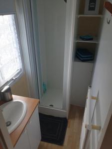 ein Badezimmer mit Dusche neben einem Waschbecken und einem Waschbecken in der Unterkunft Petit logement tranquille in Wanchy-Capval
