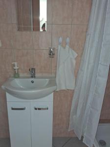 a bathroom with a sink and a shower curtain at Pod jedľou in Liptovský Trnovec