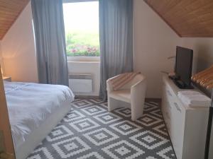 a bedroom with a bed and a tv and a window at Pod jedľou in Liptovský Trnovec