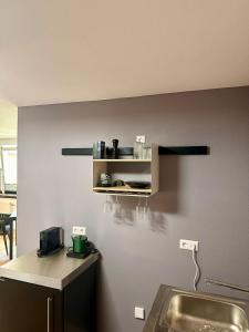 a kitchen with a sink and a shelf on the wall at TIME OUT Apartments in Balingen +42 photos