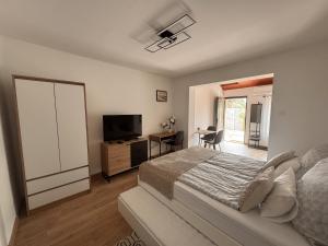 a bedroom with a bed and a desk and a television at Tisza-tó Porta in Tiszafüred