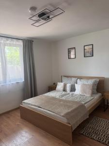 a bedroom with a bed and a window at Tisza-tó Porta in Tiszafüred