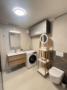a bathroom with a washing machine and a washer at Tisza-tó Porta in Tiszafüred +27 photos