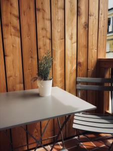 a table and a chair with a potted plant on it at Levio Homes Sunny Alpine Apartments with Balconies in Haus im Ennstal