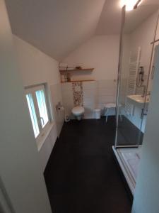 an overhead view of a bathroom with a toilet and a sink at Pension-Fürstenberghavel Sans Rival in Fürstenberg +23 photos