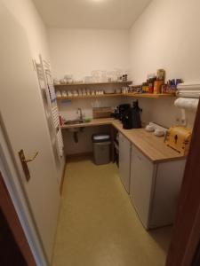 a small kitchen with a counter and a sink at Pension-Fürstenberghavel Sans Rival in Fürstenberg