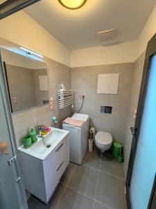 a bathroom with a sink and a toilet at Barevný úlet - Písek in Písek +2 photos