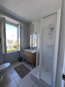 a bathroom with a shower and a sink at Ker Lucie in Crozon