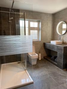 a bathroom with a shower and a toilet and a sink at Daline House Clonakilty in Clonakilty +33 photos