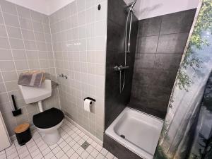 a bathroom with a shower with a toilet and a sink at Vossenstuuv in Goslar +15 photos