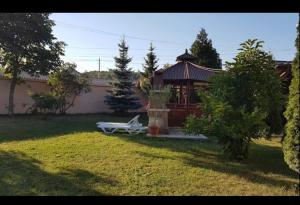 a yard with a bench and a gazebo at Pensiunea Selena Bascov-Pitesti in Bascov