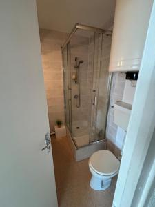 a bathroom with a shower with a toilet and a shower at Saint Hilaire sea view accommodation in Saint-Hilaire-de-Riez