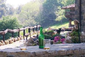 a green bottle and two glasses sitting on a stone table at Casa de Aldea Los Valles in La Llera