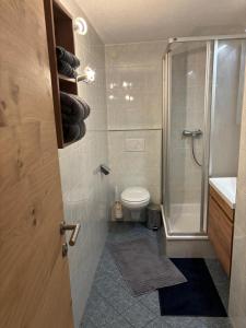 a bathroom with a shower and a toilet and a sink at Elgi Apart in Serfaus +44 photos