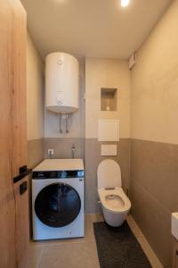a small bathroom with a washing machine and a toilet at Apartment Center Korzo 2 in Bihać +19 photos