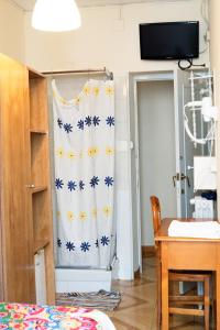 a room with a shower curtain with blue and yellow flowers at Hostal Fuentesol in Madrid